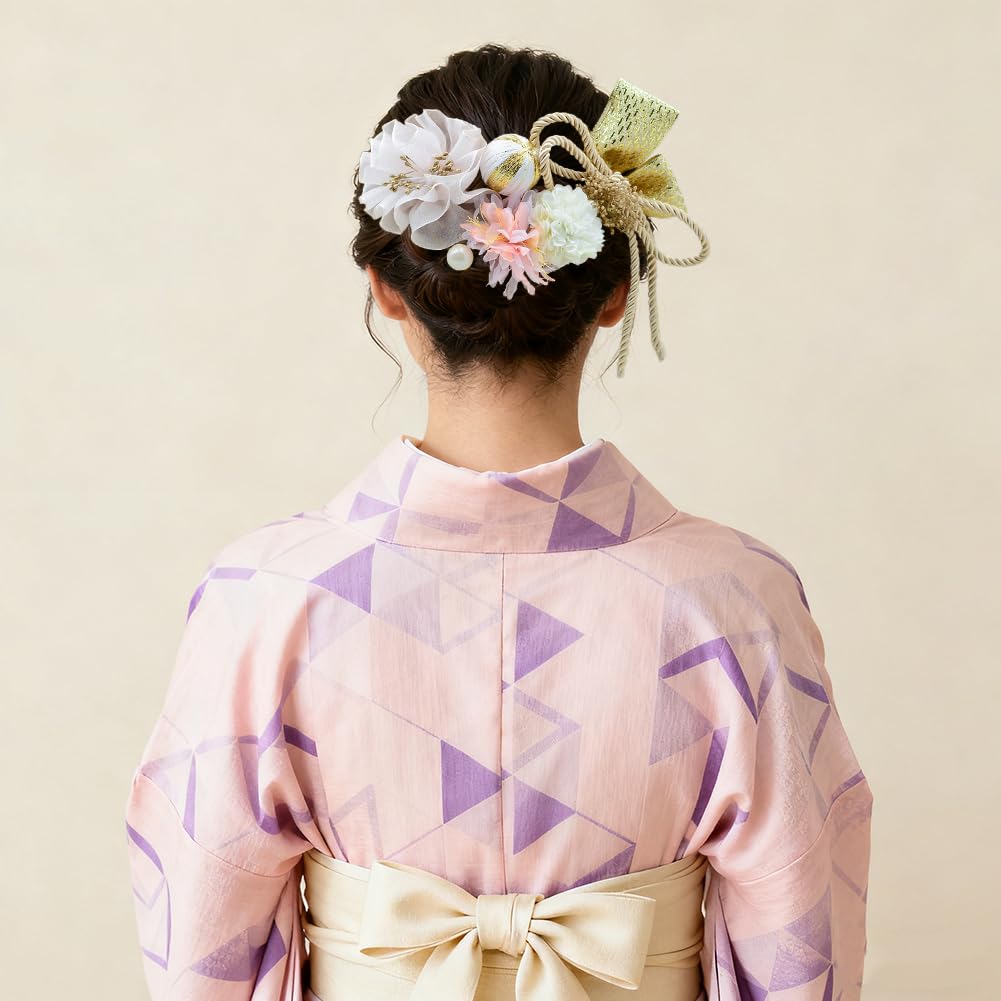 FASELE Japanese-style Hair Ornament Set (10 Pieces) - Artificial Flowers, Hairpins, U-pins, Ping Pong Chrysanthemums, Ribbons, Baby's Breath,