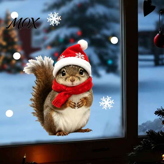 Christmas Party Home Decor Animals Static Window Stickers, Deer Bird Squirrel Hamster Snowflake Decals, Outdoor Decorations Easy Peel & Stick