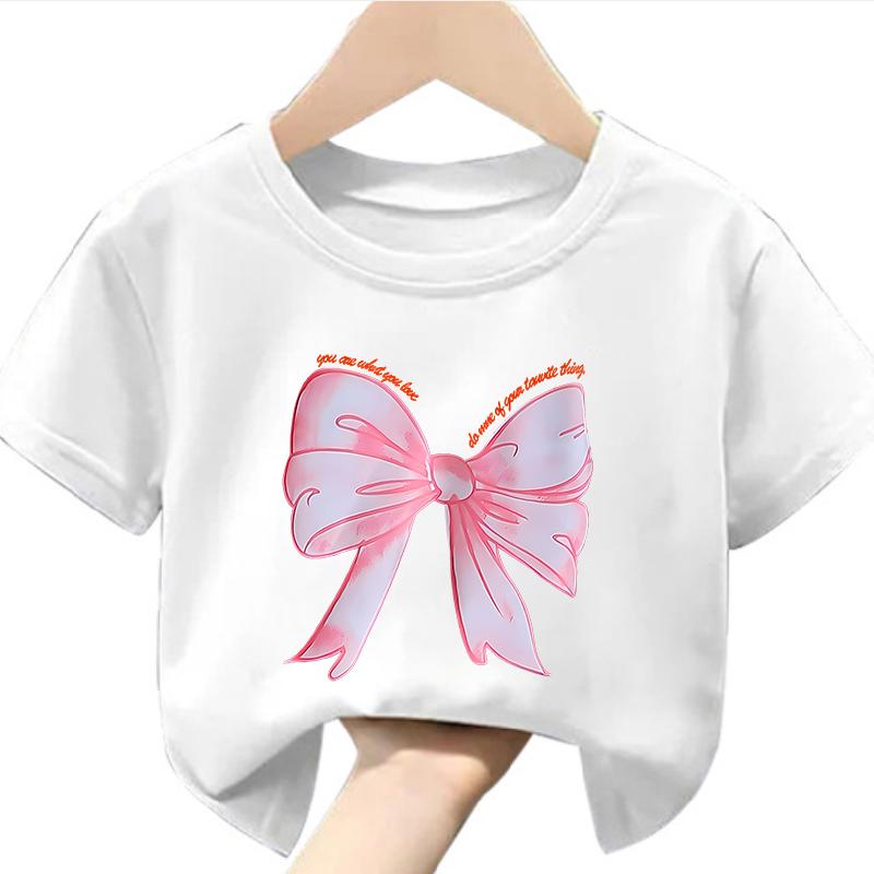 

Children s Summer T-shirt Casual Trend Bowknot Print Fashionable Round Collar Short Sleeve Kids Clothing Summer 110 білий