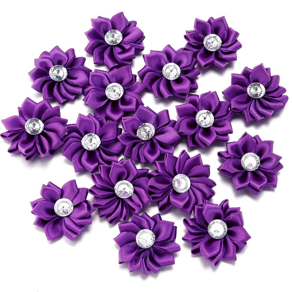 20pcs 4cm Mini Satin Ribbon Flowers Colorful Rhinestone Handmade Flowers For DIY Clothing Sewing Headwear Decoration Accessories