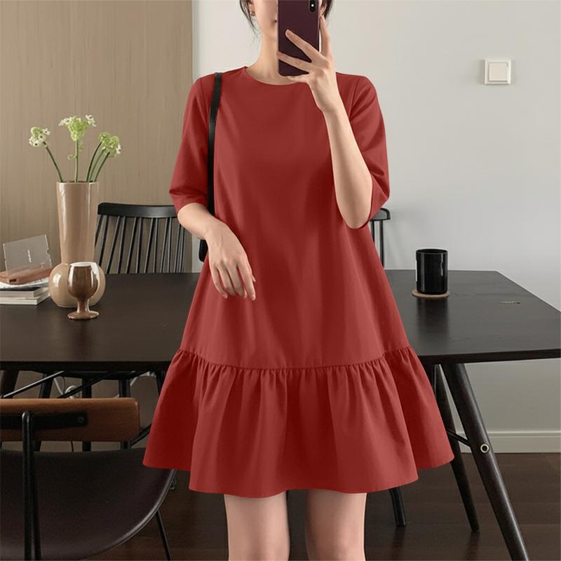ZANZEA Women Casual Round Neck Solid Color Half Sleeve Dress M ржавый