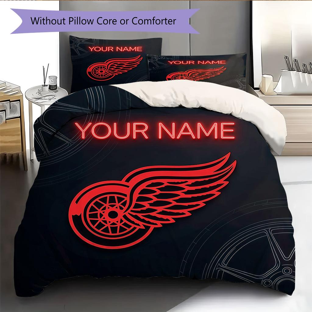 Custom Name,Detroit Red Wings Pattern Bedding Home Decoration Birthday Gift ( 1 Duvet Cover + 2 Pillowcase, Without Core),fan Merchandise.