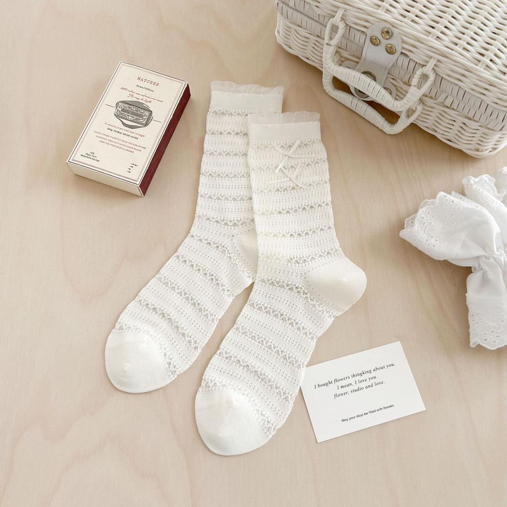 White Bow-knit Socks - Mid-calf Length Socks, Summer and Spring Lightweight Breathable Ballet-style Pure Cotton Layered Socks