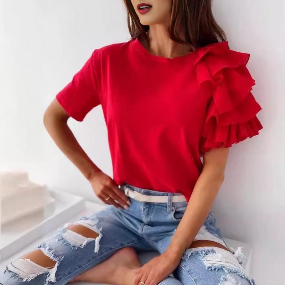 Women Summer T-shirt Asymmetrical Short Sleeve Multi-Layered Ruffles T-shirt Round Neck Single Color Tee Tops Streetwear
