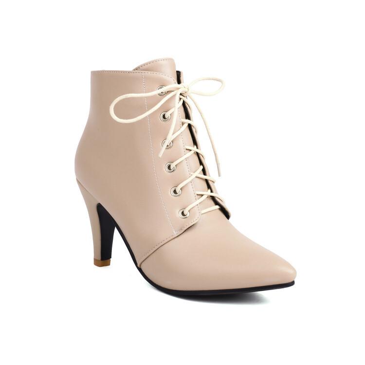 Simple pointed lace-up high-heeled women's boots large-size short boots L-boots large-size high-heeled short boots