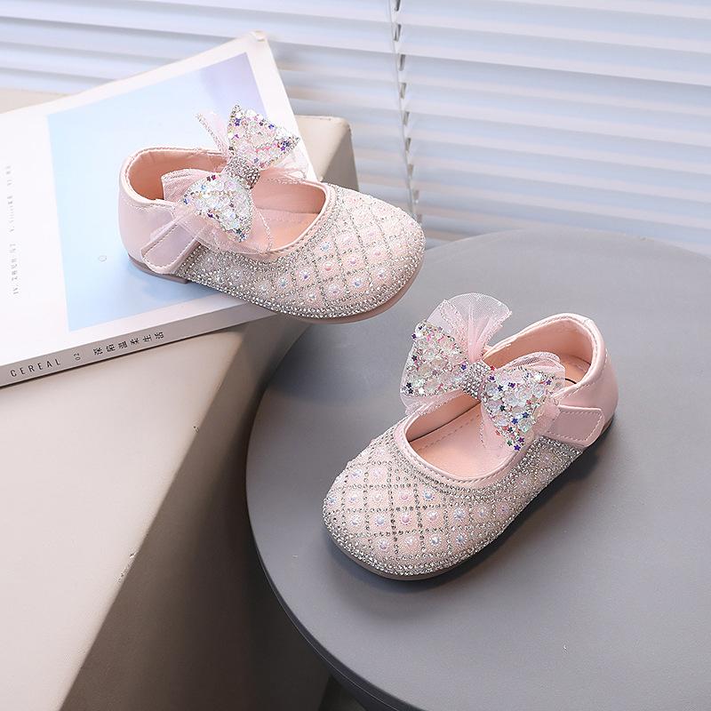 Spring Autumn Girls Leather Shoes Princess Party Rhinestone Ribbons Shoes Fashion Children Performance Wedding Shoes I07307