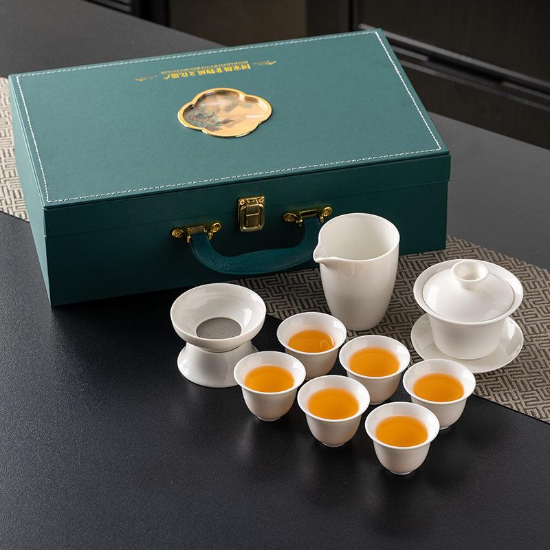 High-grade suet jade white porcelain ink bowl cover kung fu tea set gift box, a complete set of bowl cover ceramic souvenirs