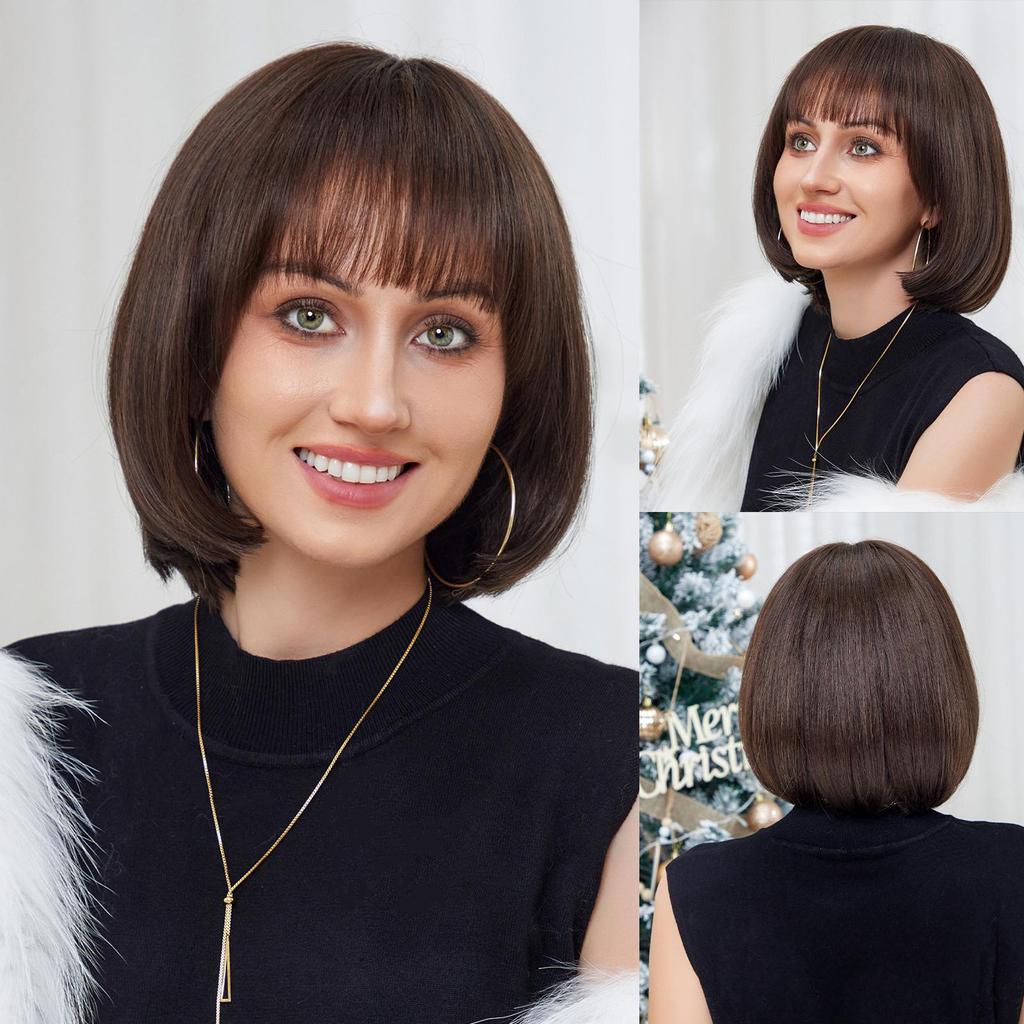 HAIRCUBE Human-hair Wigs for Women Medium Length Black Straight Wigs for Women Layered Pixie Cut with Bangs Daily Party Use