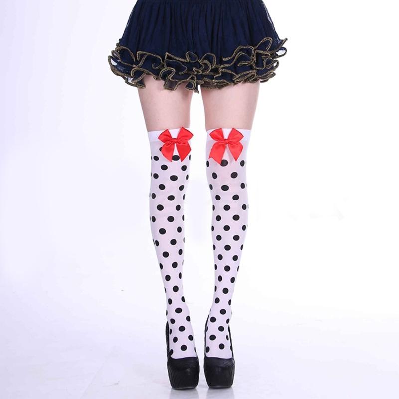 Sweet Bowknot Accent Thigh High Long Socks for Women Halloween Cosplay Parties Fishnet Striped Thigh High Stockings