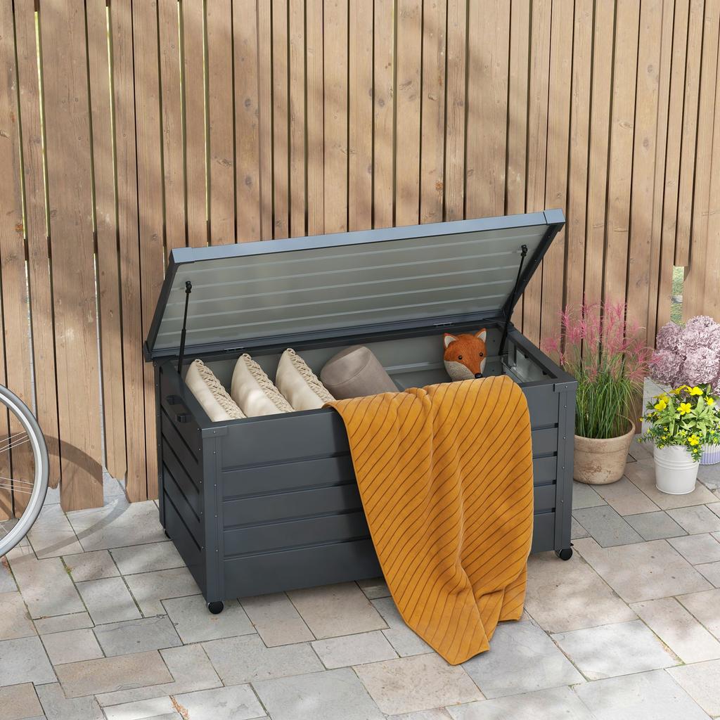 Outdoor storage box, 311 L, gas strut, wheels, handle, galvanized steel, 120 x 62 x 66 cm, grey