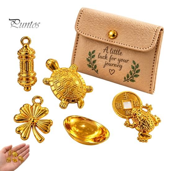 Polished Golden Charm 5Pcs Turtle Set, Four-Leaf Clover Ingot Prayer Wheel Money Frog Good Luck Symbolic Charm, Symbolizes Fortune & Wealth,