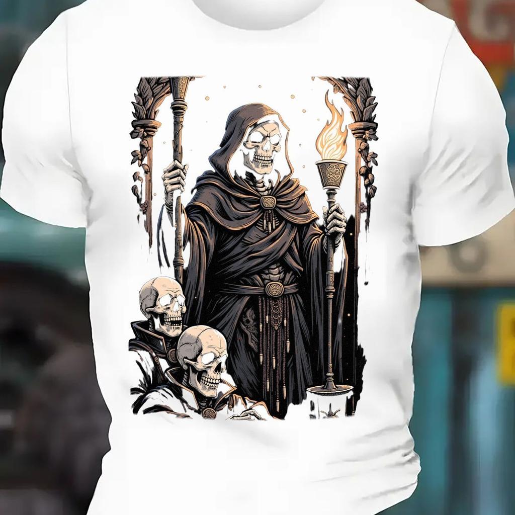 Grim Reaper Skeleton Holding Torch Graphic T-Shirt Gothic Style Casual Crew Neck Cotton Tee Comfortable Breathable  Men Clothing