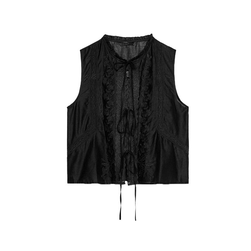

Spring New Women clothes French style Design round Neck Bowknot Decoration Sleeveless Embroidery Top 7521013 Black L