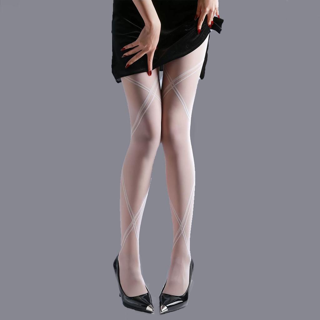 Sexy Cross Stripes Bandage Printing Pantyhose Women'S Ultrathin Sheer Tights Slim Leg Design Stocking Allure Woman Lingerie