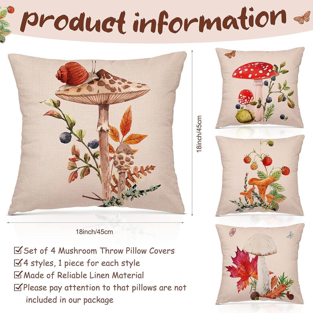 Tudomro 4 Pcs Mushroom Pillow Case 18 x 18 Inch Decorative Square Couch Pillow Cover Cute Cotton Linen Throw Pillowcase for Sofa Living Room Bed