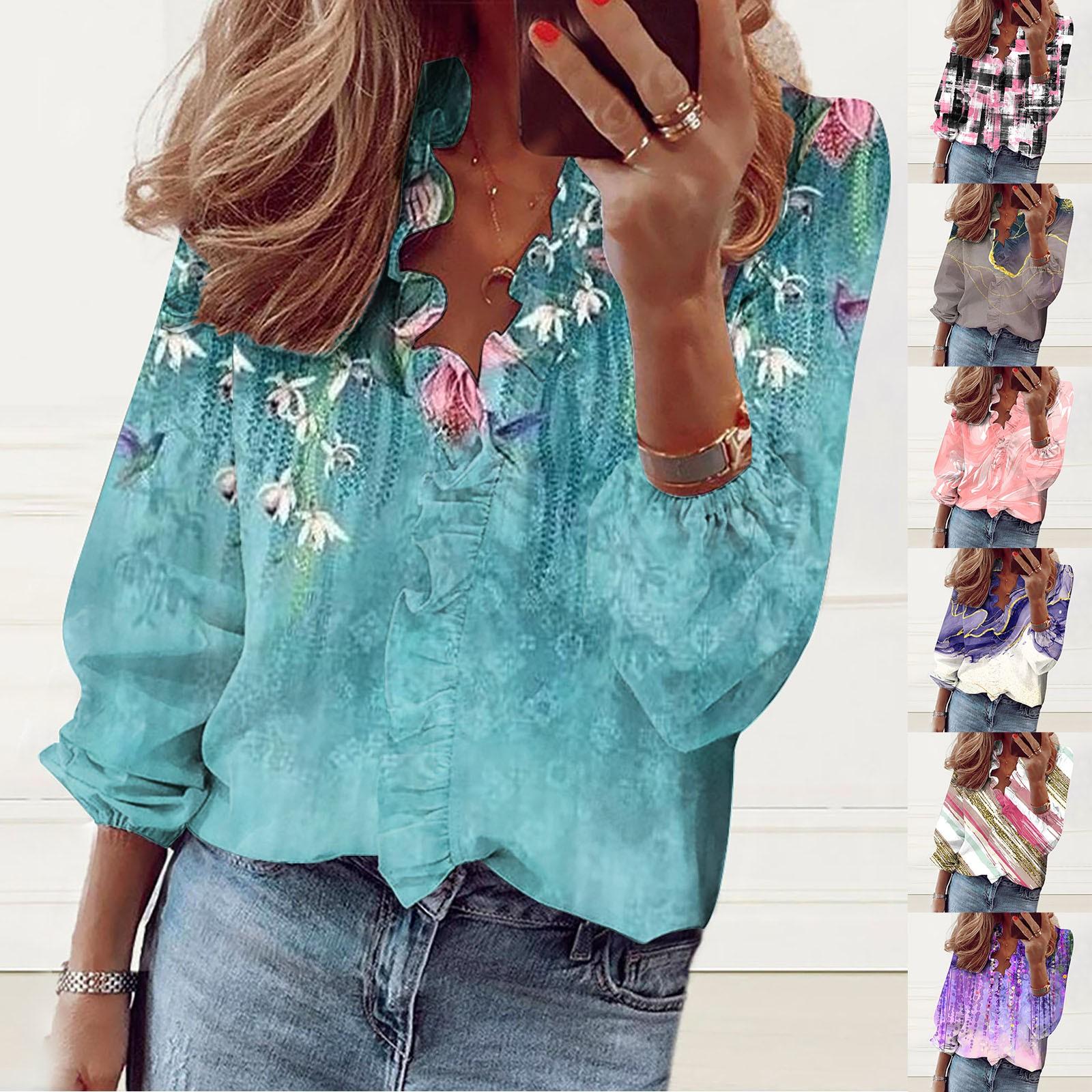 

Женская мода повседневная свободная рубашка с v-образным вырезом и принтом из дерева