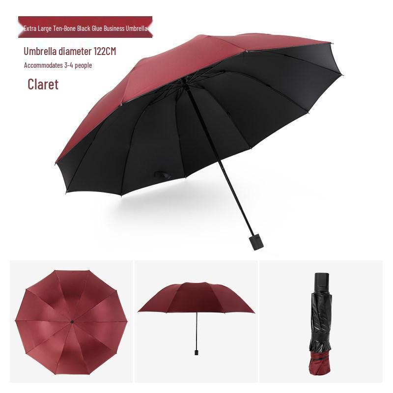 Black Reinforced Folding Umbrella, Sun & Rain Protection, Solid Color, Three-Fold, Fits 1-2 People, Ideal for Business Men & Women.