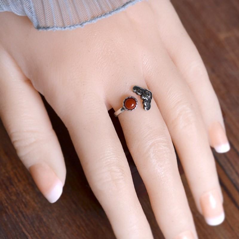 Adjustable Open Ring Women Men Vintage Bat Motif Natural Red Agate Copper Jewelry Bohemian Retro Style