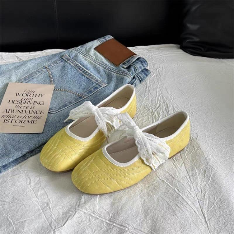 Fashion 2025 New Simple Single Shoes Women's New Round Toe Shallow Mouth Lace Butterfly Knot Soft Knot Mary Jane Flat Single Shoes