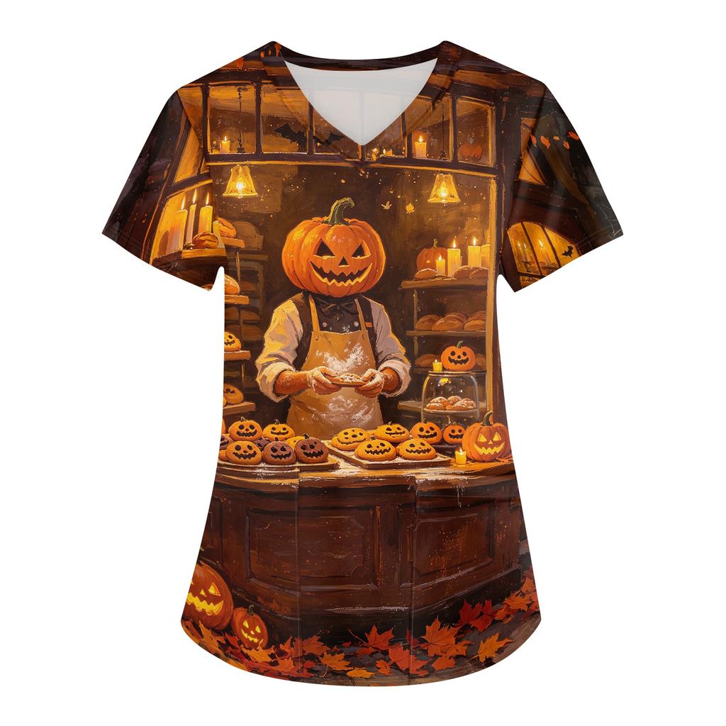 Damski top medyczny na Halloween z nadrukiem, dekoltem V, krótkim rękawem i kieszeniami
