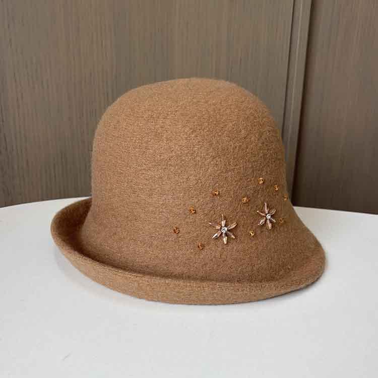 Retro Small Fragrant Style Fashion Wool Bucket Hat Women Autumn And Winter Warm Foldable Basin Hat Rhinestone Elegant Top Hat