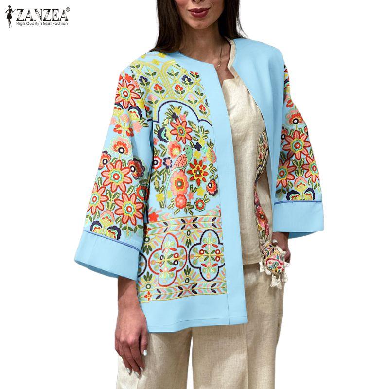 ZANZEA Women Casual Floral Print Loose Long Sleeve Cardigan Blouse