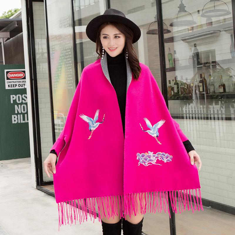 Women's cape shawl with sleeves for autumn and winter, thickened and warm, cashmere embroidered scarf, knitted cape, dual-use coat