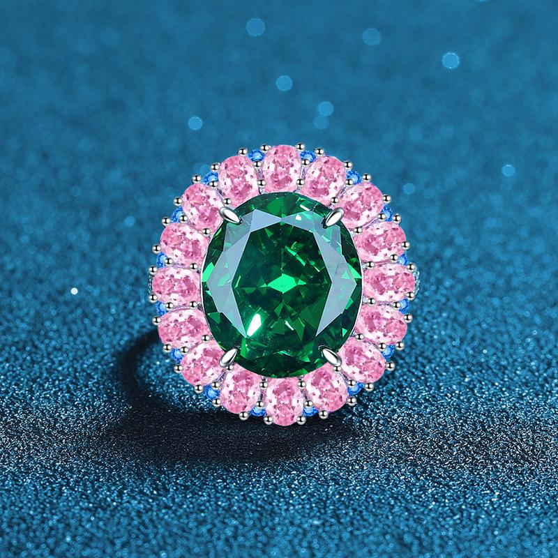 Hai Rui S925 Sterling Silver Emerald Green Open Ring with Ice Flower Cut High Carbon Diamond Adjustable Open
