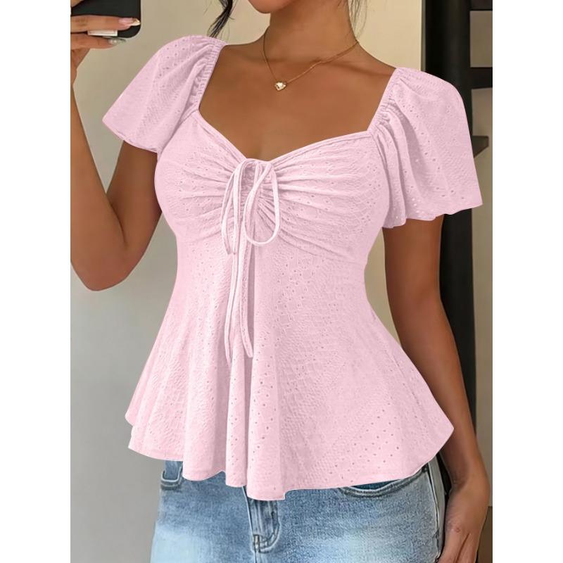 Damen V-Ausschnitt Kordelzug Tailliert Ausgeschnitten Kurzarm Freizeit T-Shirt