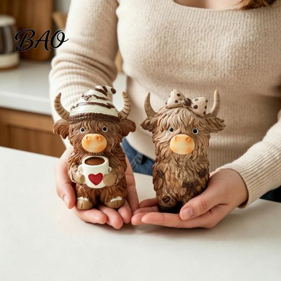 Rustic Farmhouse Living Room Decor Highland Cow Figurine, Resin Coffee Statue for Home Decor, Artistic Small Statues Country Style Tabletop