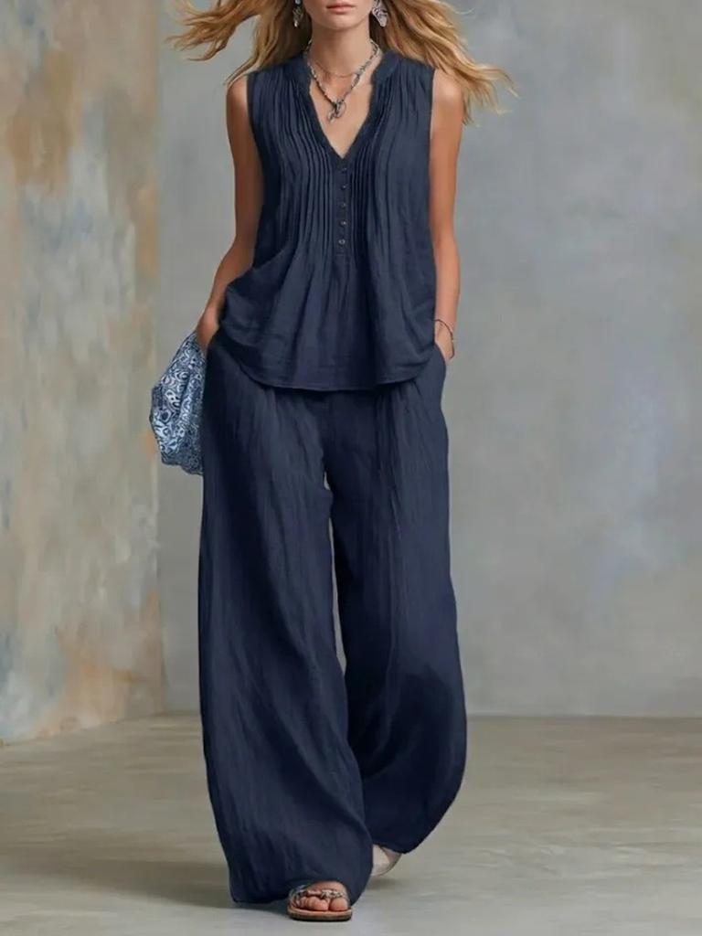 Women's Fashion Casual Solid V-Neck Ruched Loose Sleeveless Casual Wide Leg Pants Two Piece Set