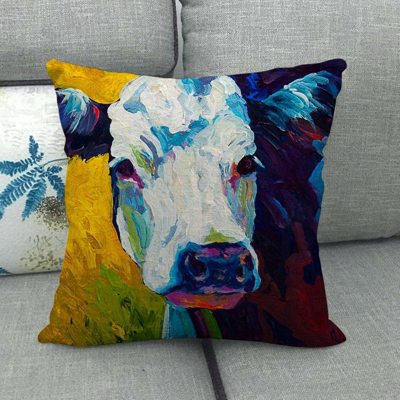Cow-Themed Color Oil Painting Digital Printing Short Plush Pillow Covers For Car Sofa Office Cushion Cover Home Goods