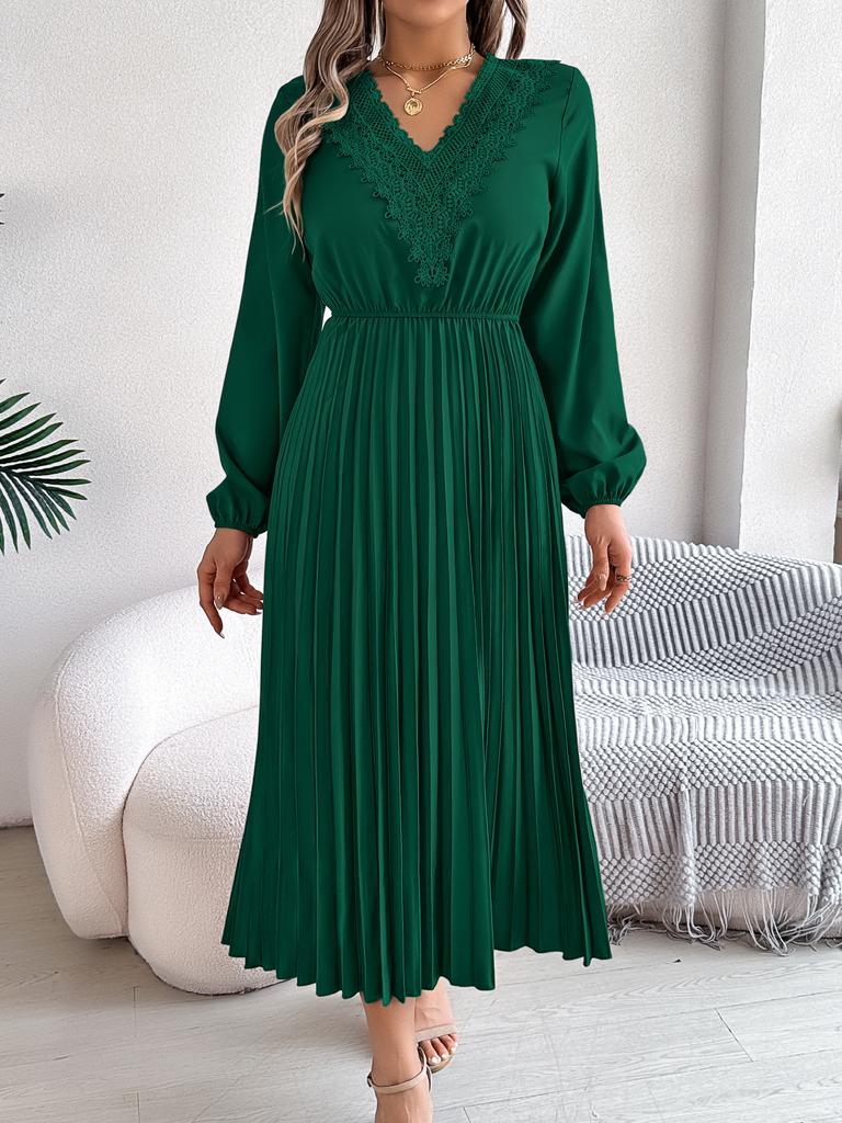Dames Elegante Europese Stijl V-hals Kant Hoge Taille Lange Mouwen Geplooide Maxi Jurk
