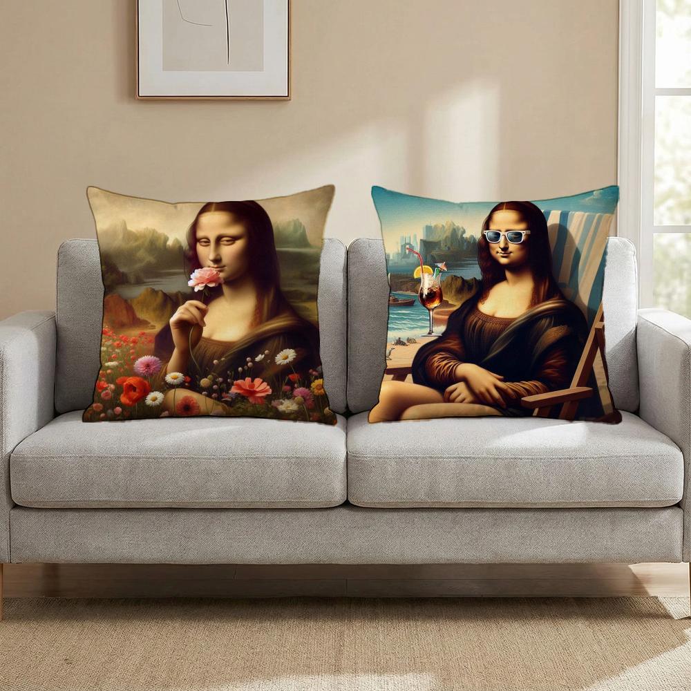 Modern Art Funny Mona Lisa Cushion Cover Multi-Scene Pillow Cover for Home & Car - Reversible, Soft & Durable for Daily Use