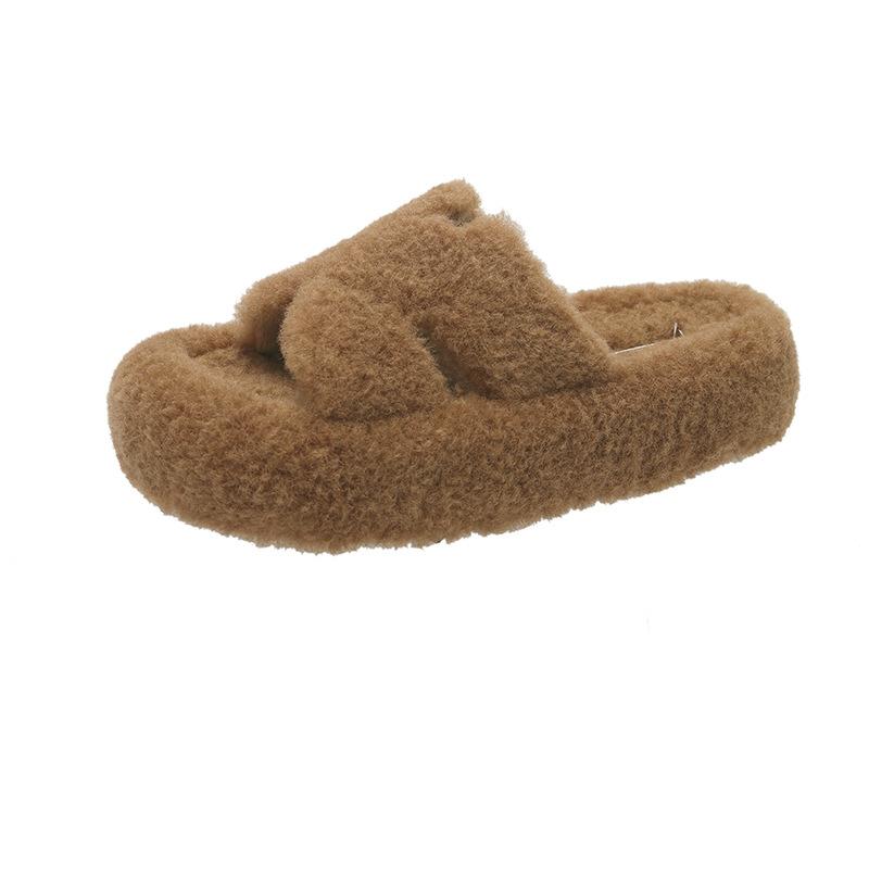 

2025 autumn and winter new sweet pearl thick-bottomed fluffy slippers women wear open-toed plush cotton slippers 40
