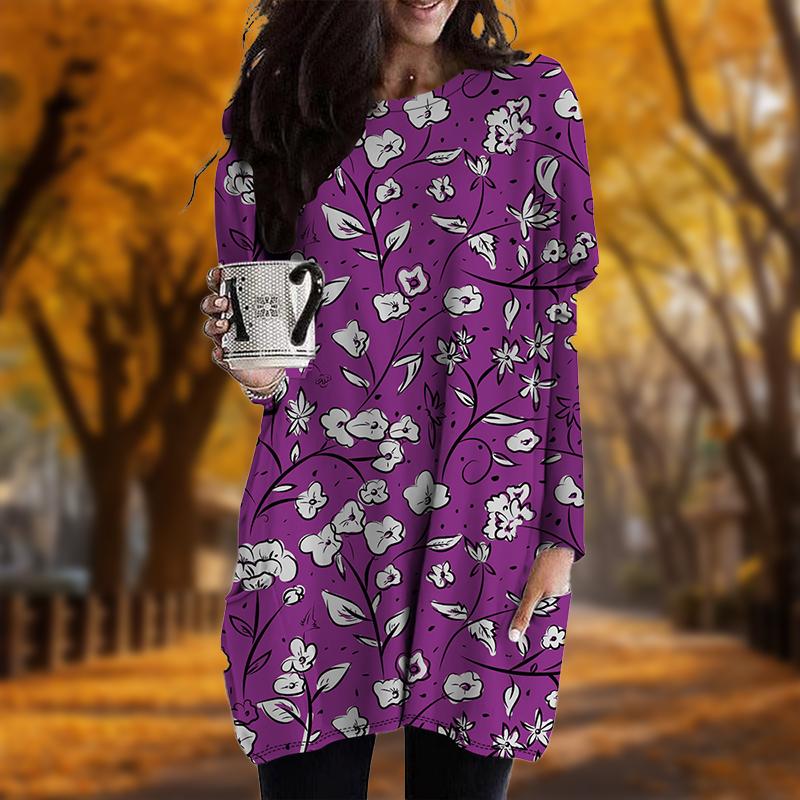 Neu im Herbst Linie Blumendruck Plus Size Kleid Frauen Oansatz Lange Ärmel Casual Tasche Kleider