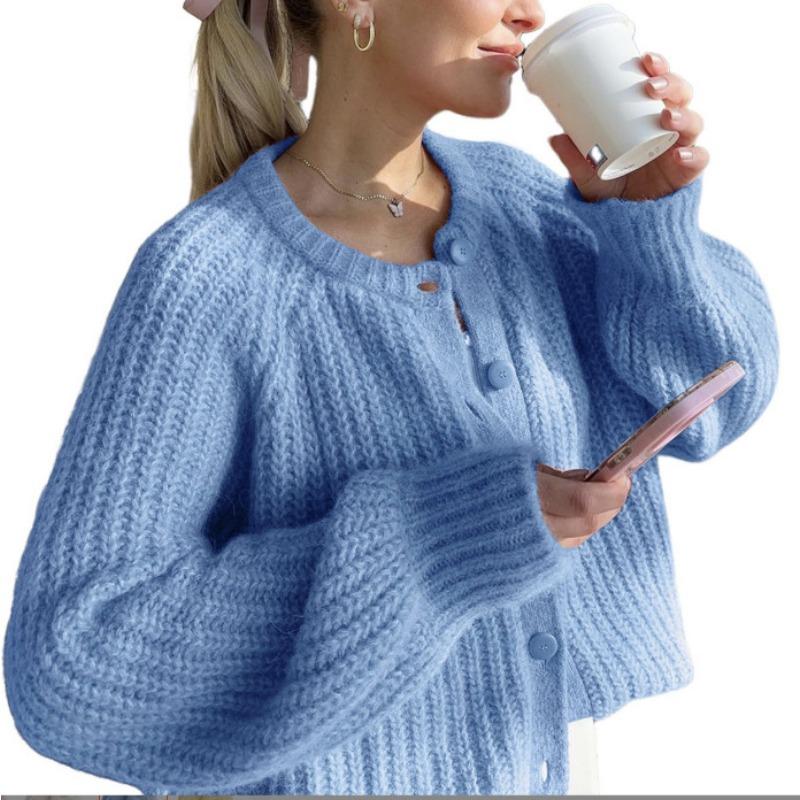 

Autumn and winter street fashion solid color knitted cardigan, temperament all-match casual round neck long-sleeved sweater jacket XL небесно-голубой