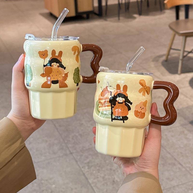 Birthday Gift Girls' Retro Straw Cup High-value Ceramic Mug with Lid for Girlfriend Souvenir Gift Box