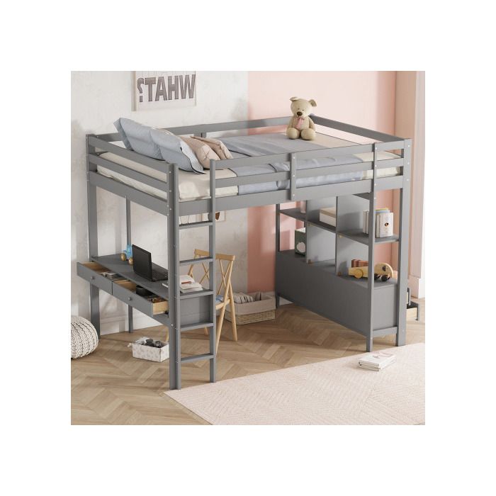 Lit surélevé - MUVOE - 140 x 200 cm - Bureau intégré - 6 tiroirs de rangement - Gris