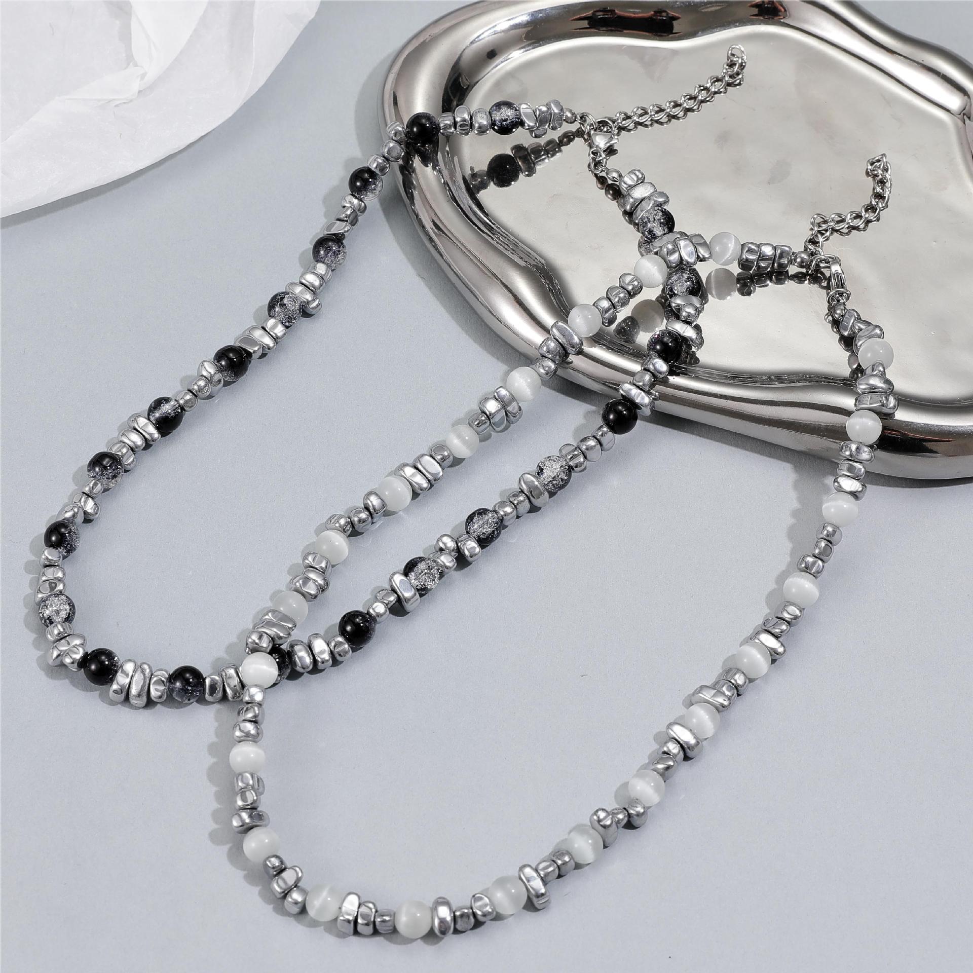 

Pearl & Stone Beaded Choker Necklace for Men and Women White Cat Eye Necklace 45+5CM