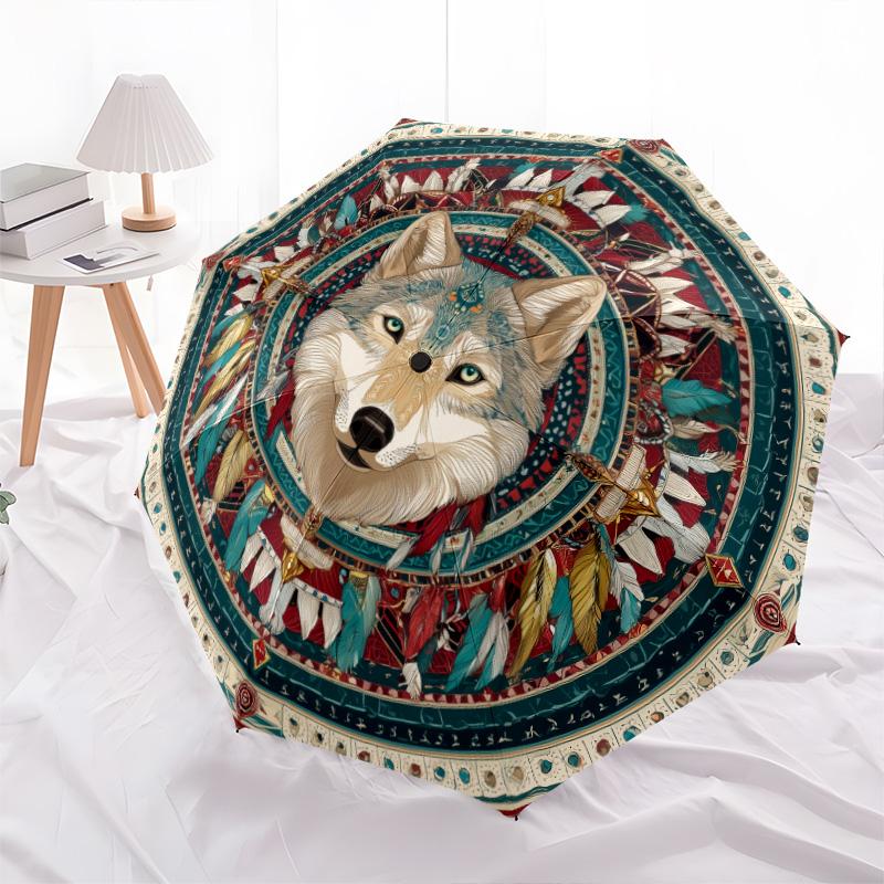 0106 Vintage Native American Style Animals  pattern, automatic folding umbrella, portable and foldable design, 8 ribs, a Christmas or birthday gift.