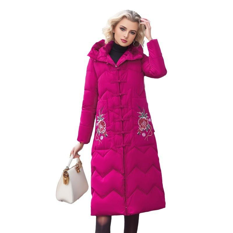 Womens Long Warm Cotton Coat With Embroidery Toggle Loose Fit Winter Outerwear In Floral