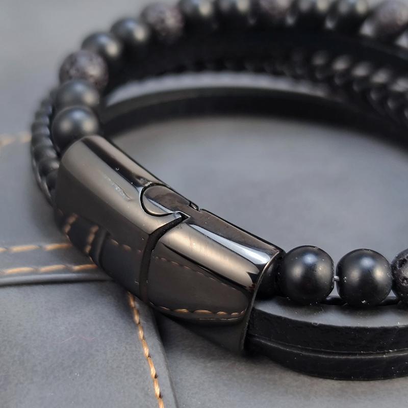2026 New Fashion Beads Volcanic Lava Stone Bracelet for Men Leather Male Bracelet with Stainless Steel Magnet Men Jewelry Gift