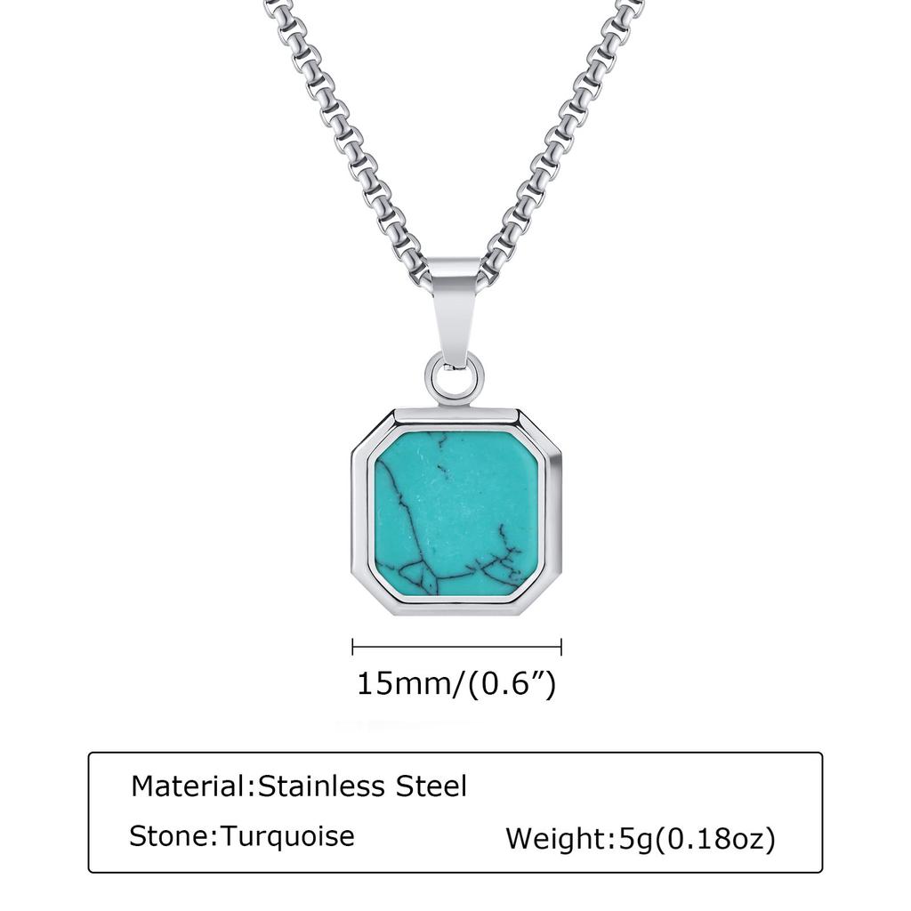 Natural Stone Square Pendant Necklace for Men Boys,Stainless Steel Turquoise Pendant,Jewelry Gift for Husband Dad Son BBF