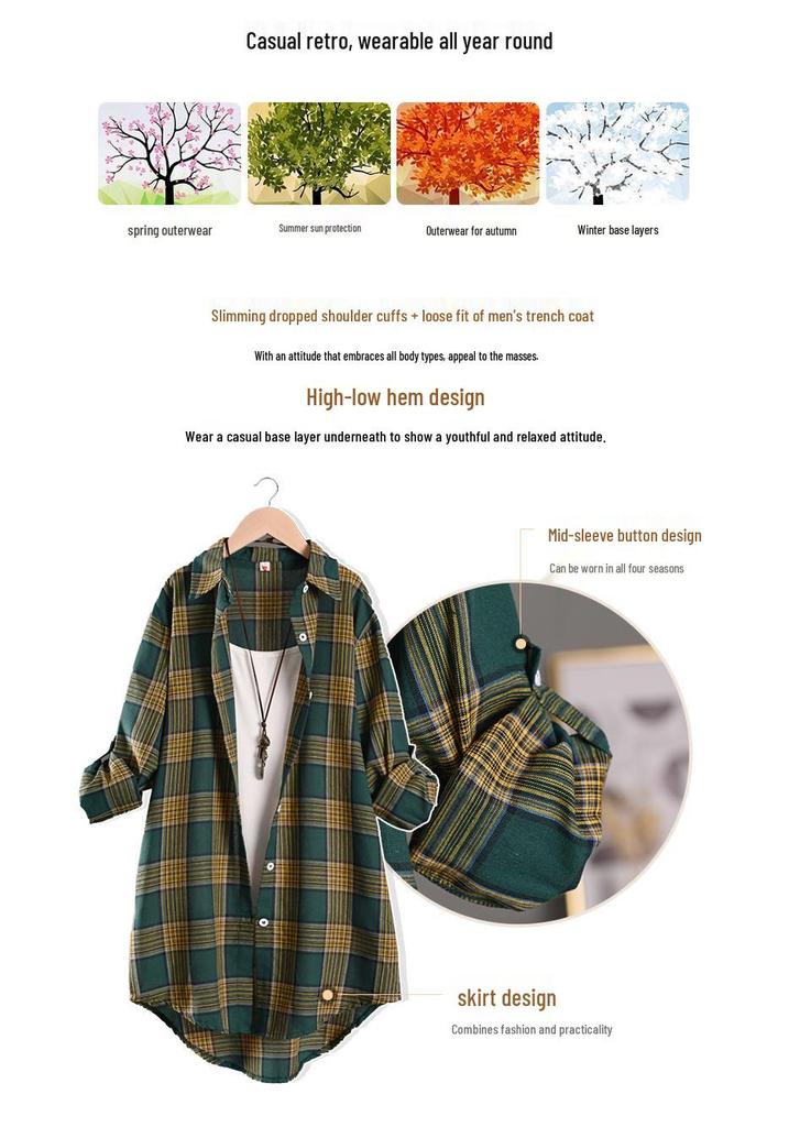 Women's Loose-Fit Cross-Grid Shirt Jacket - High-Low Hem, Long Sleeve, Covers Butt, Cotton Linen, Plus Size