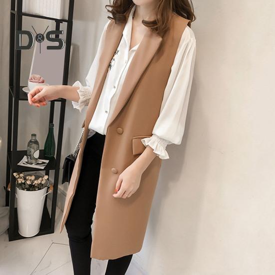 Høst Vår Dame Vest Nedrekket Krage Dobbeltspent Løs Ermeløse Knelengde Lommer Cardigan Ensfarget Daglig slitasje Vest Frakk