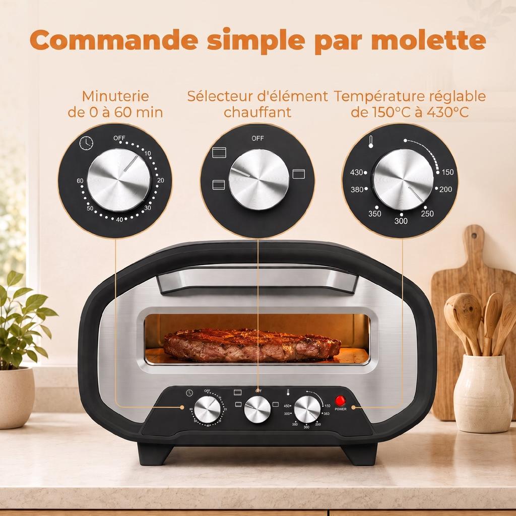 Indoor Electric Pizza Oven, 2200 W, Up To 430C, Ceramic Stone 30.5 Cm Diameter, 60-Min Timer, Black