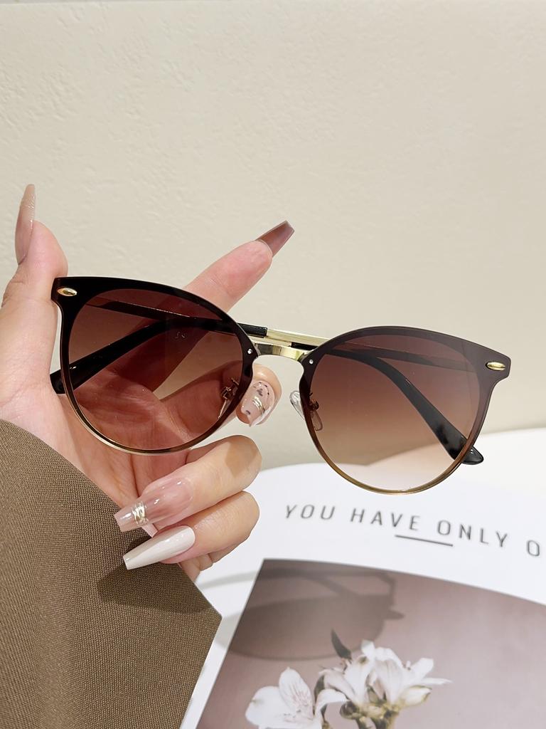 1Pc Metal Frame Cat Eye Sunglasses Frameless Lens Fashion Eyewear Women Men Sunglasses for Holiday Party, Vacation, Street