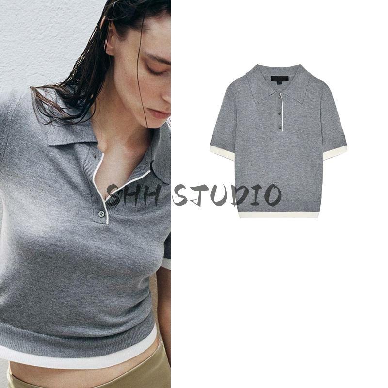 Spring New Women's Clothing Isn Style Knitting Patchwork Polo Shirt Collar Short Sleeve Casual Small Top 3581004