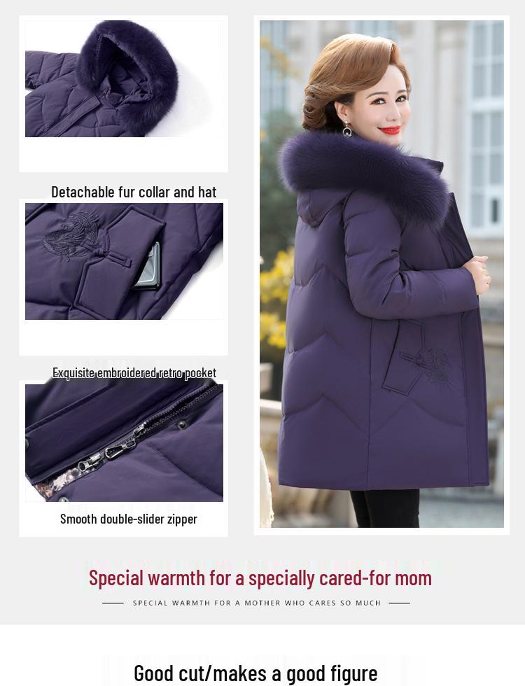 Dámská extra silná odepínací péřová bunda - Teplé zimní svrchní oblečení pro mámy středního věku, Dostupné ve větších velikostech, Peří z bílé kachny.